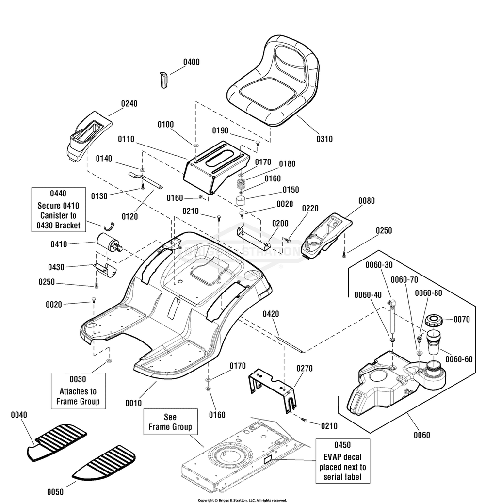 Seat Deck And Fuel Tank Group - Evap Compliant Diagram and Parts List for 2691085-00 (107250040)(2012) Briggs and Stratton Lawn Tractor